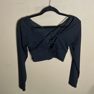 Black workout top with built in bra zipper (cross back)